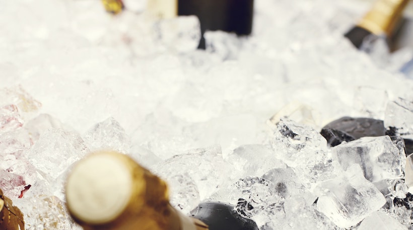 Wine bottles under ice in a cooler