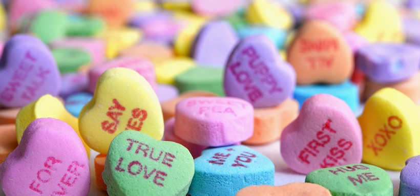 Conversation candy hearts with bokeh blurring