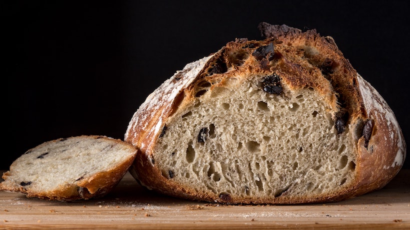 Raisins in baked, sliced bread