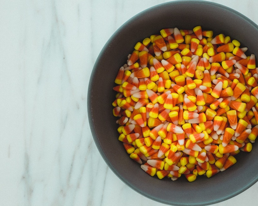 Bowl of candy corn as seen from above