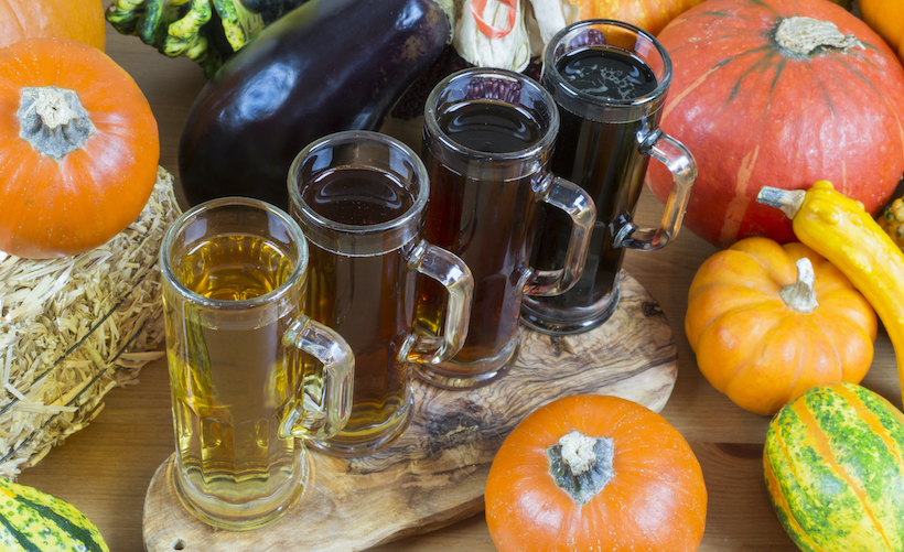 Flight of beer with pumpkins and gourds