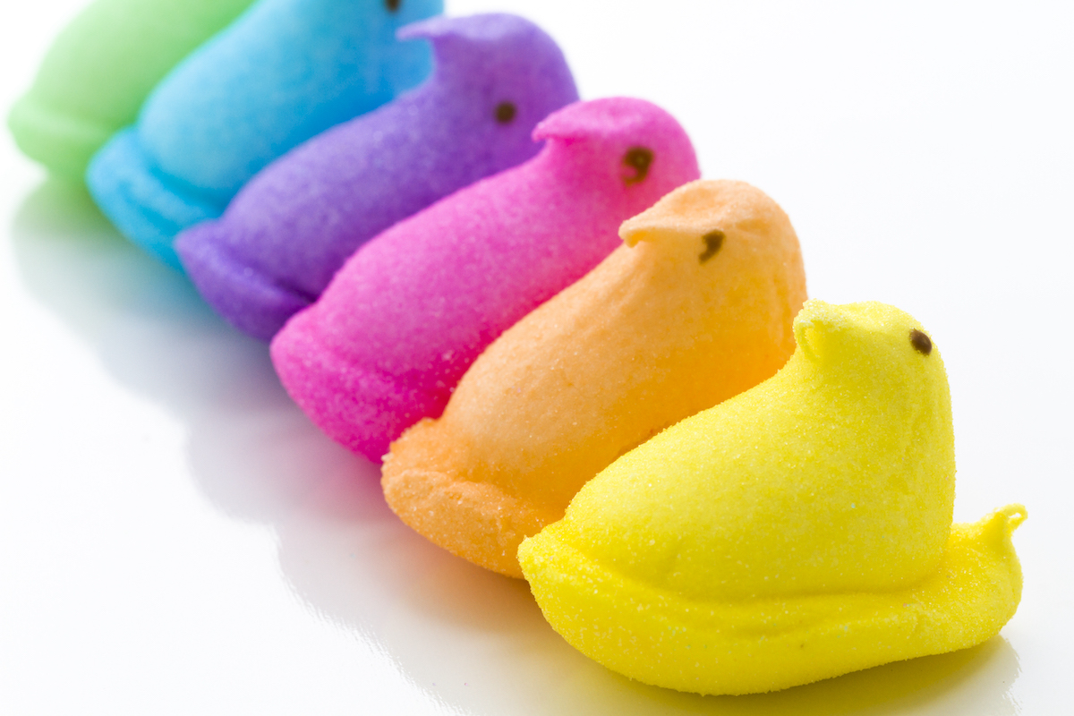 Rainbow color marshmallow peeps and jelly beans