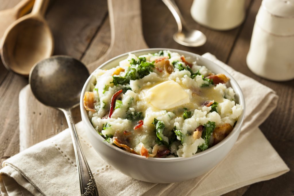 Homemade Irish Potato Colcannon with Greens and Pork